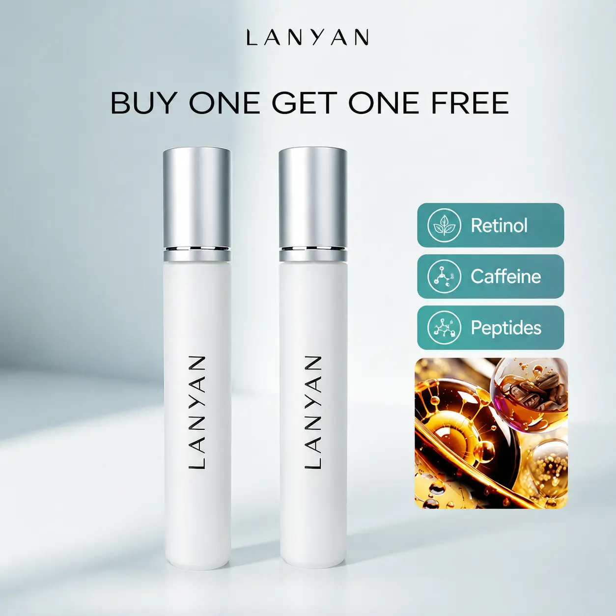 [BUY 1 GET 1] Gentle Caffeine Eye Roller Serum, 15ml (0.52 FL.OZ) - Smooth Stainless Lightweight Triple-Action Retinol & Peptides for Dark Circles, Puffiness, Bright Skin, Eye Serum