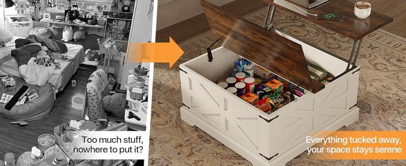 oneinmil 31" Lift Top Coffee Table with Storage Large Hidden Compartment White Square Farmhouse Coffee Table with Outlets USB Ports for Living Room