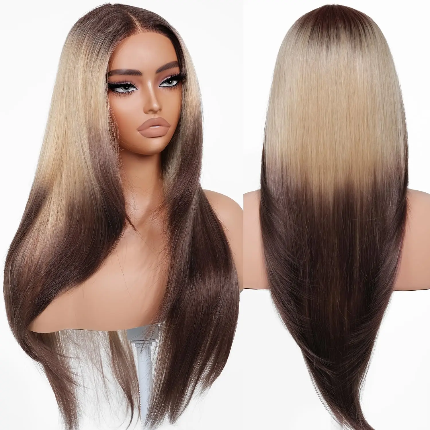 BrownBomb Wear and Go Layered Straight Synthetic Wig Glueless Pre Cut Lace Pre Plucked 26 Inch and Face Framing Bangs T Lace Perfect Middle Part Heat Resistant Fiber Realistic Wig for Daily Wear Parties Dating summerwins, Lace Frontal Wig, Pre Plucked Wig