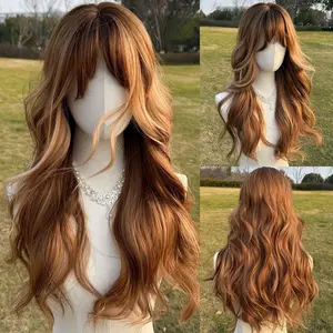 Autumn Winter Air Bangs 26Inch Highlight Brown Blonde Long Curly Synthetic Wig Full Voluminous Universal Fit