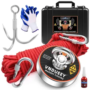 VNDUEEY Magnet Fishing Kit with Rope, Fishing Magnets 700 LBS Pulling Force, Heavy Duty 65FT Rope, Gloves & Locking Carabiner and Waterproof Carry Case - 2.95inch Diameter