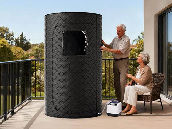 Syvio Portable Sauna Box for Relaxation, Detoxification, Steam Sauna Tent for Home with 3.0L Steamer, Folding Chair, Remote Control, Doormat, 9 Levels, 3.6' x 3.6' x 5.9', Circular