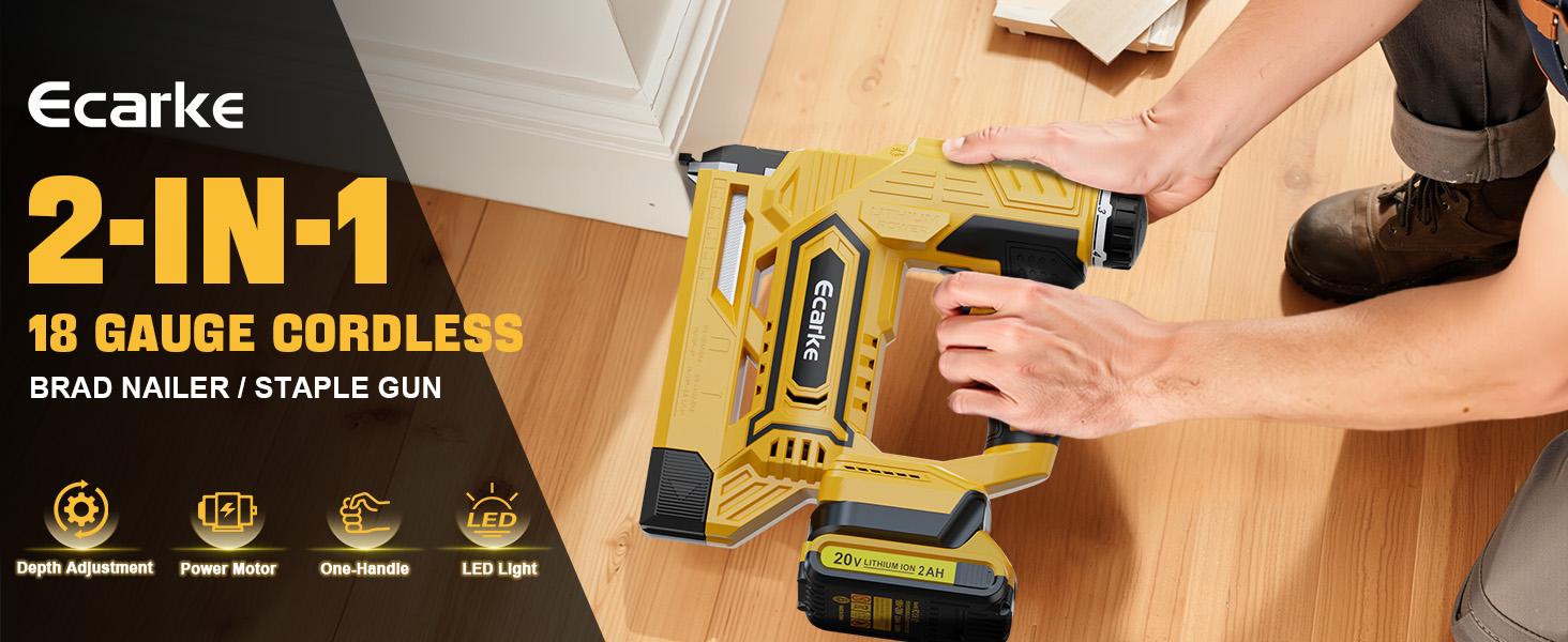 Ecarke Cordless Brad Nailer Compatible with Dewalt 20V Battery, 18 Gauge Electric Nail Gun Staple Gun with 2.0Ah Battery & Charger, 5/8 to 1-1/4 Inch 2 Modes Brushless Nail Gun with 100 Nails for Upholstery Wood