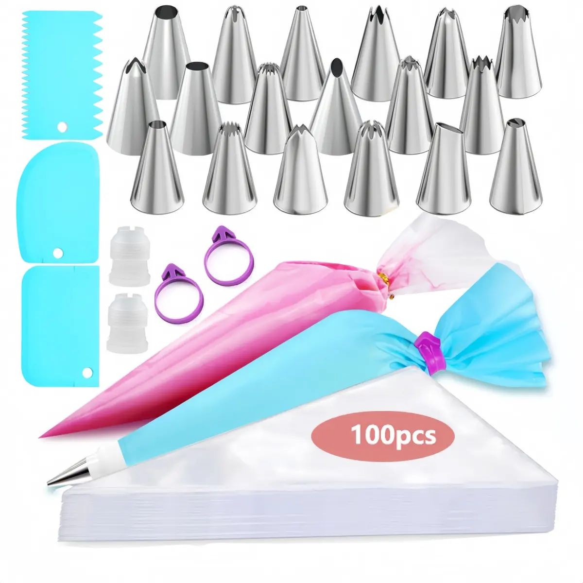 126Pcs Piping Bags and Tips Set, Reusable Cake Decorating Supplies with 1 Reusable Bags, 12 Icing Tips, 2 Silicone Rings, 2 Couplers and 3 Scrapers, Cake Baking Tools for Cookie Icing Cupcakes