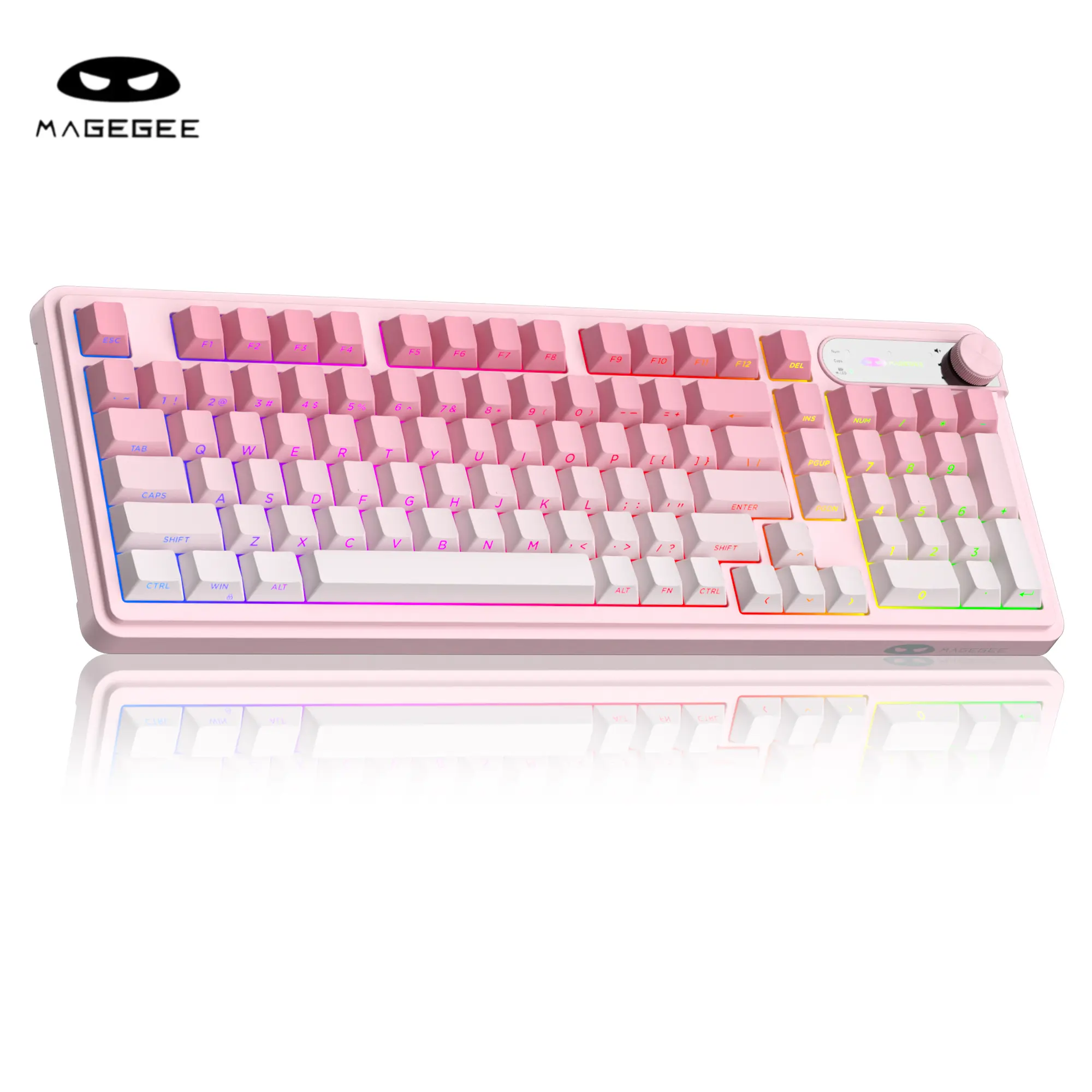 ​MageGee GK960 Cute Pink Wireless Keyboard 98 Keys Aesthetic RGB Backlit Triple Mode Bluetooth Silent Membrane Keyboard with Knob for Girls Women Desk Setup
