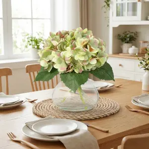 Green Fake Flowers, Artificial Hydrangea Flowers with Vase & Fake Water, Silk Faux Flower Arrangements for Coffee Table Decor, Bathroom Plant Decor