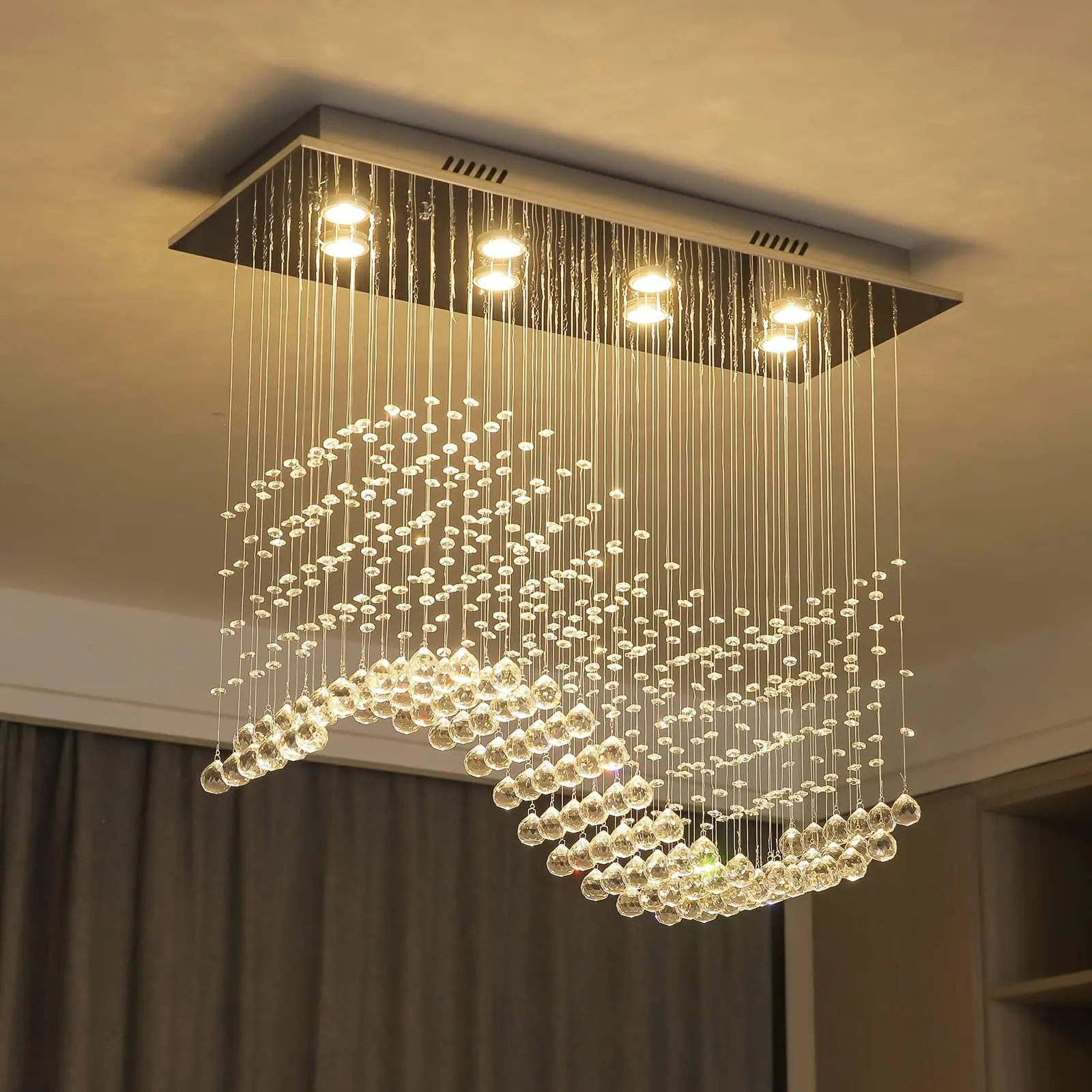 31.5in Rectangle Wave Raindrop Crystal Chandelier, Dimmable Flush Mount Indoor Decorative Light, Sparkle Fixture for Dining Room, Kitchen Island, Wedding Decor, Housewarming Gift