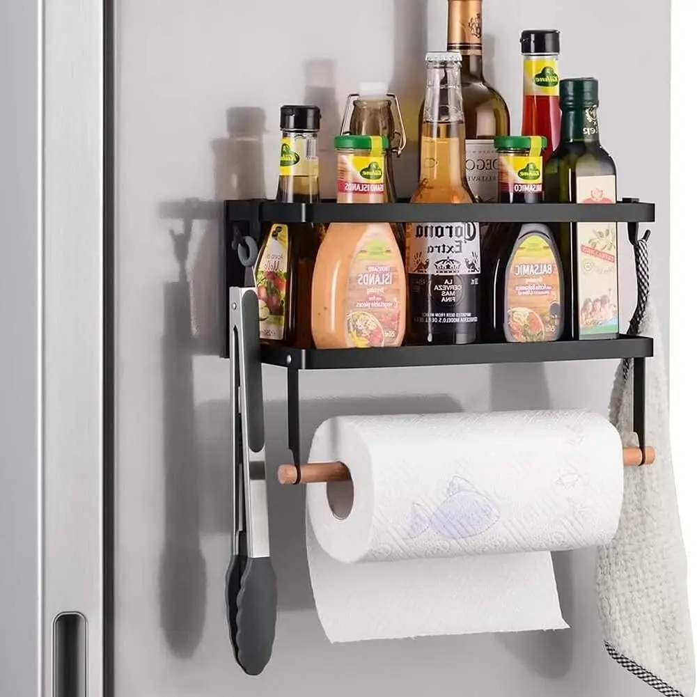 Magnetic Refrigerator Organizer Shelves, Fridge Mount Spice Seasoning Rack with Paper Towel Holder & 2 Hooks, Multi-Purpose Kitchen Fridge Magnet Storage Organizer