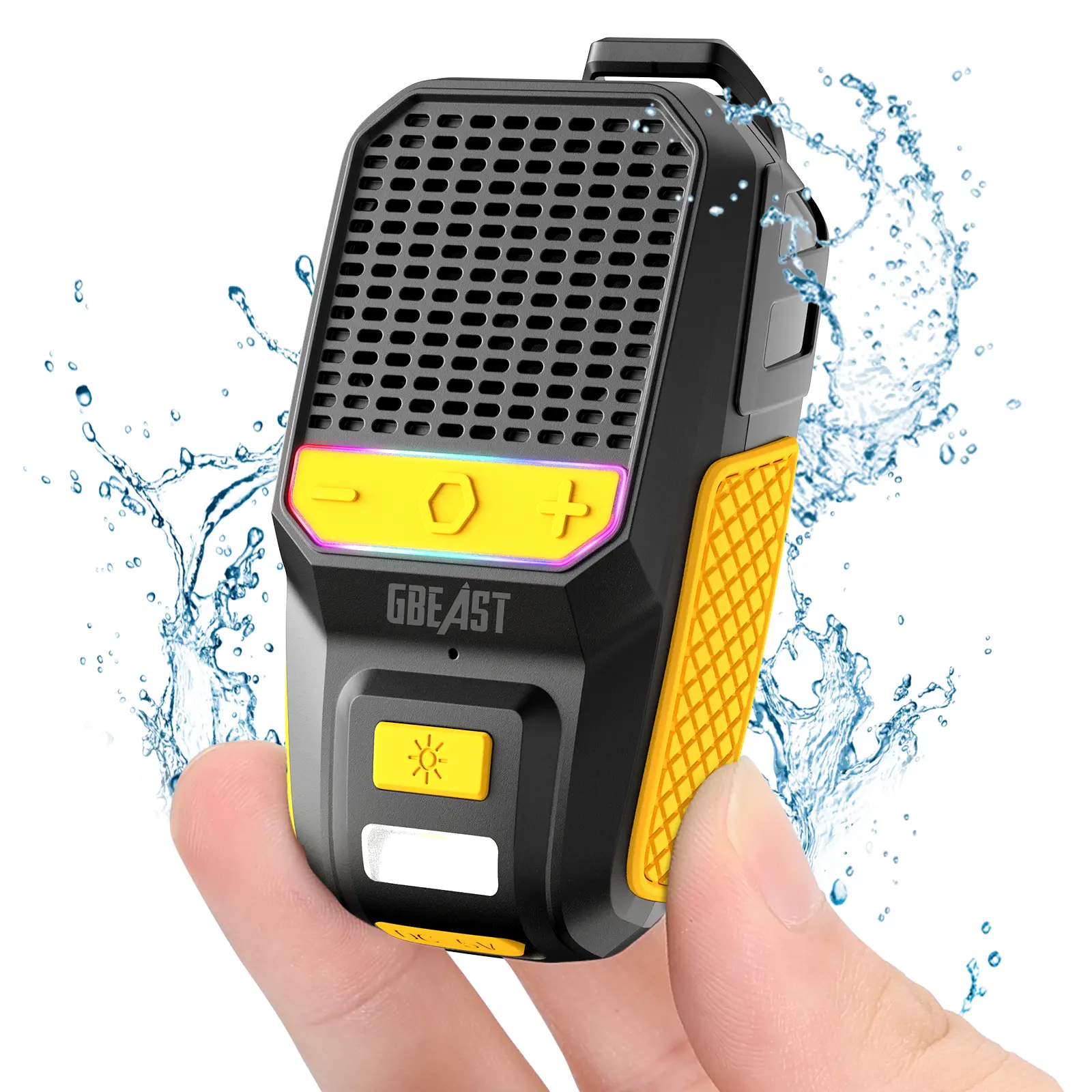 GBEAST Durable Portable Clip-On Wearable Bluetooth Speaker - Built-in Noise Reduction Mic for Hands-Free Music/Calls, RGB Light, Flashlight, Waterproof, Long-Lasting Battery, Surround Camping Audio Accessory, Father's Day Dad Gift