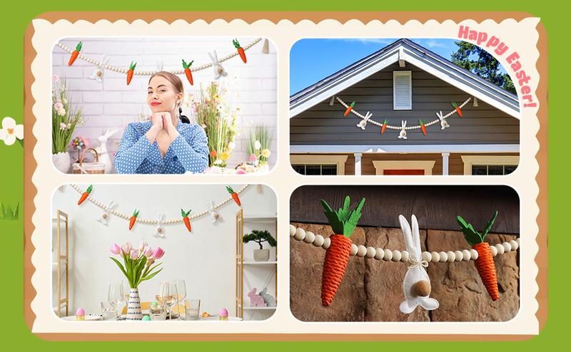 Easter Bunny Garland Banner with Wood Beads for Easter Decor, Rustic Rabbits Hanging Garland for Mantle Fireplace Shelf Wall Display Spring Home Decor, Shamrock Garland for St. Patrick's Day Luck Of The Irish Green Decor, Indoor Party Supplies & Gifts