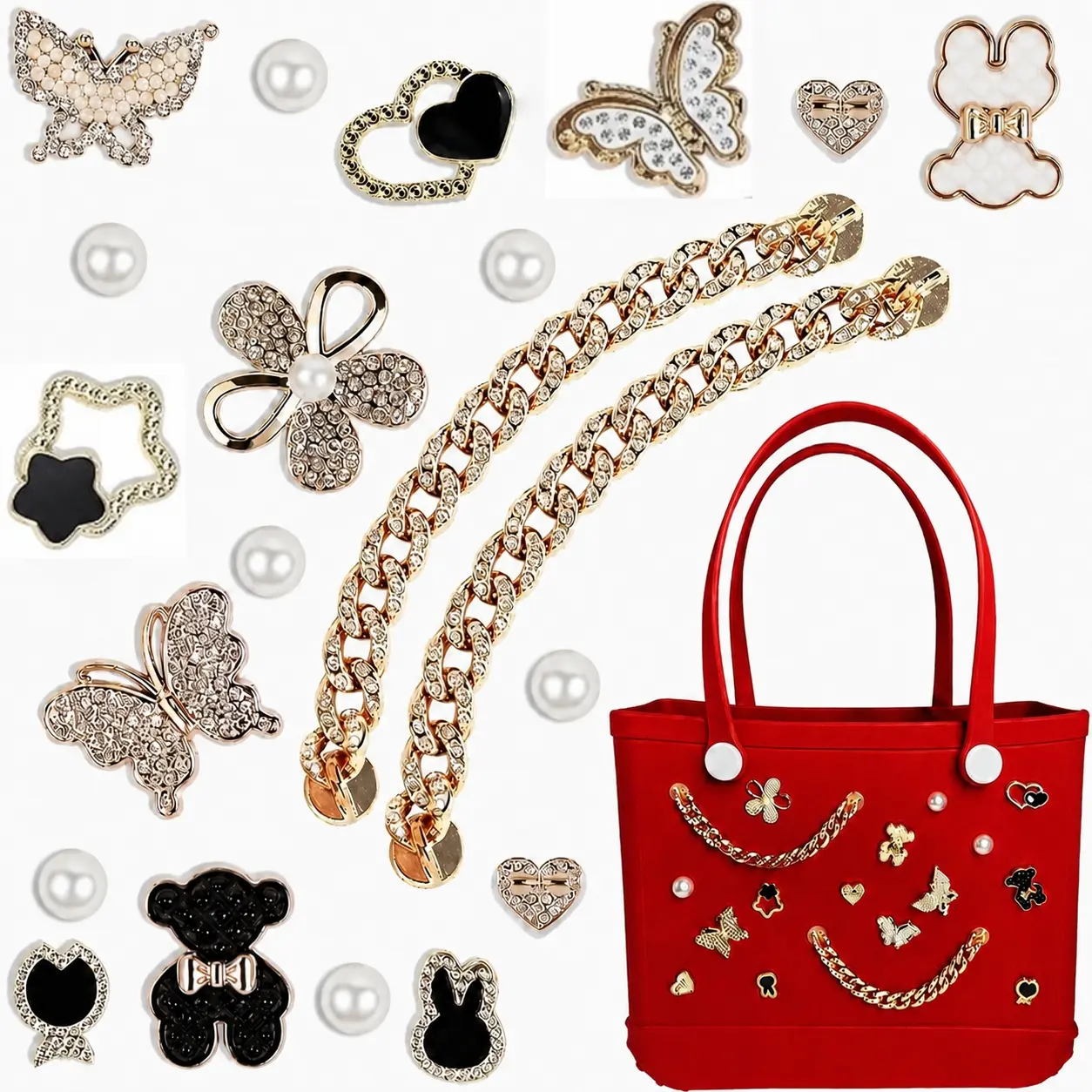 Lightweight Basic Bogg Bag Shoe Decoration Charms - 20-Piece PVC Resin Cute Accessories with Butterflies, Pearls, Floral Accents, Chains, 0.63-Inch Button Diameter, for Daughters, Parties, Decorating Beach Bags