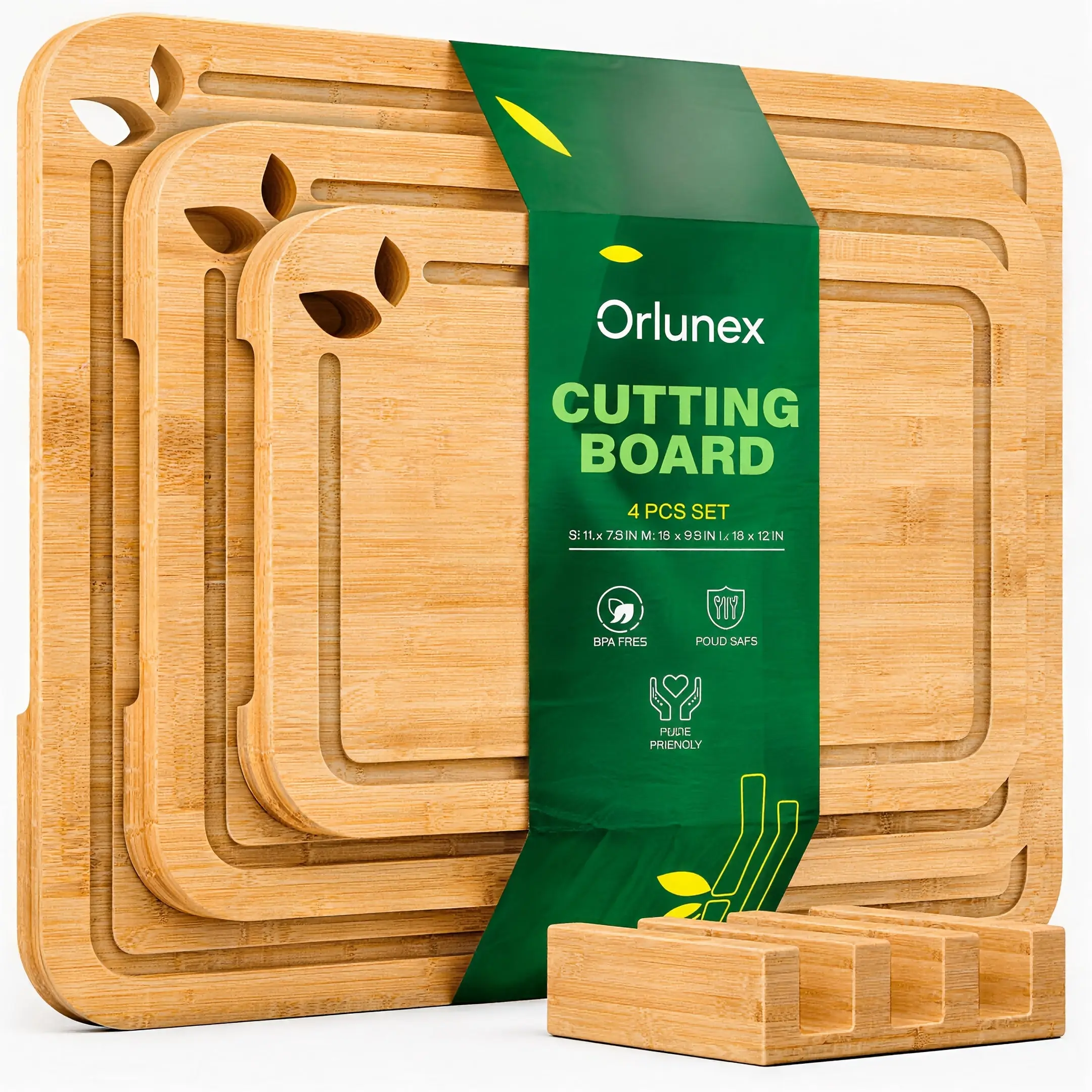 Natural Bamboo Cutting Board Set with Holder – Pre-Oiled Chopping Boards with Juice Grooves