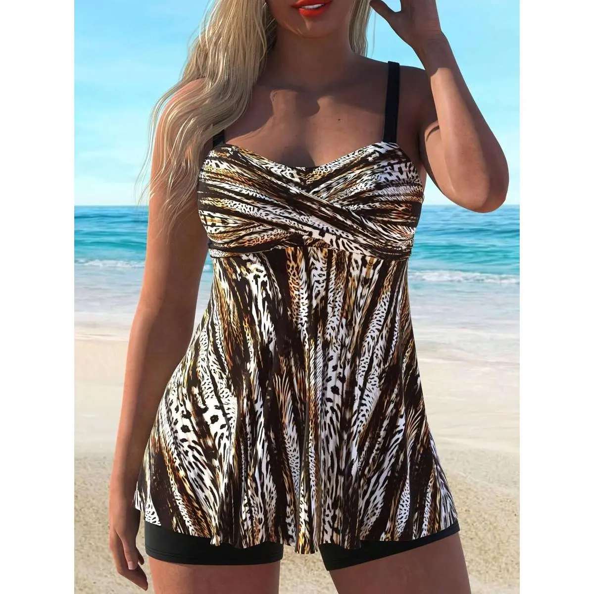 Women's Leopard Print Swimsuit Dress Two Piece Plaid Set Maroon Striped High Elasticity Vacation Wear one