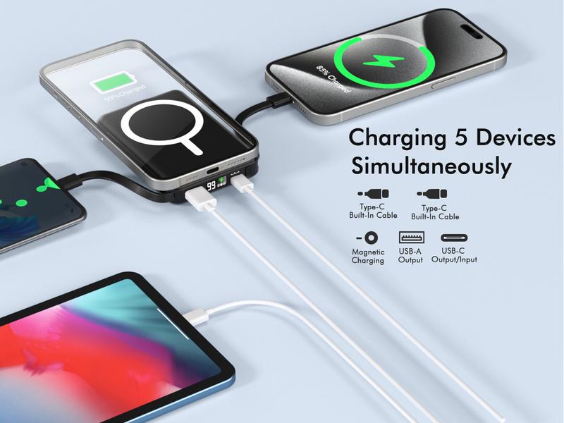 Podoru for MagSafe Battery Pack, 10000mAh Power Bank Built-in USB-C Cables Wireless Magnetic Portable Charger for iphone 15 and above model
