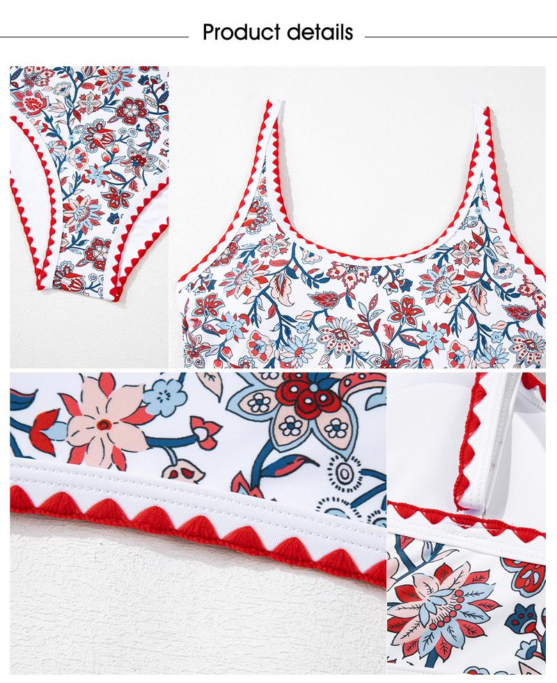 Aleumdr Women's Bikini Sets Floral Print Whip Stitch 2 Piece Swimsuits High Waisted Scoop Bathing Suits