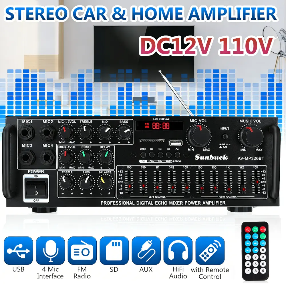 Compact HiFi Stereo Power Amplifier Mixer with Bluetooth 5.0, Remote Control, 4-Mic Party Setup, Mic Mixing, 2.0 Channel, FM, USB, SD, AUX, Echo, 110V or 12V Power, Line Output for Home Theater, Stage-Like Singing Experiences