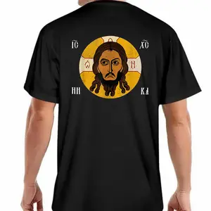 Men's Vintage Orthodox Christian Cotton T-shirt with distressed Kazan Icon Jesus Christ print Greek Letters Alpha Omega relaxed fit short sleeve black & gold religious attire casual church events