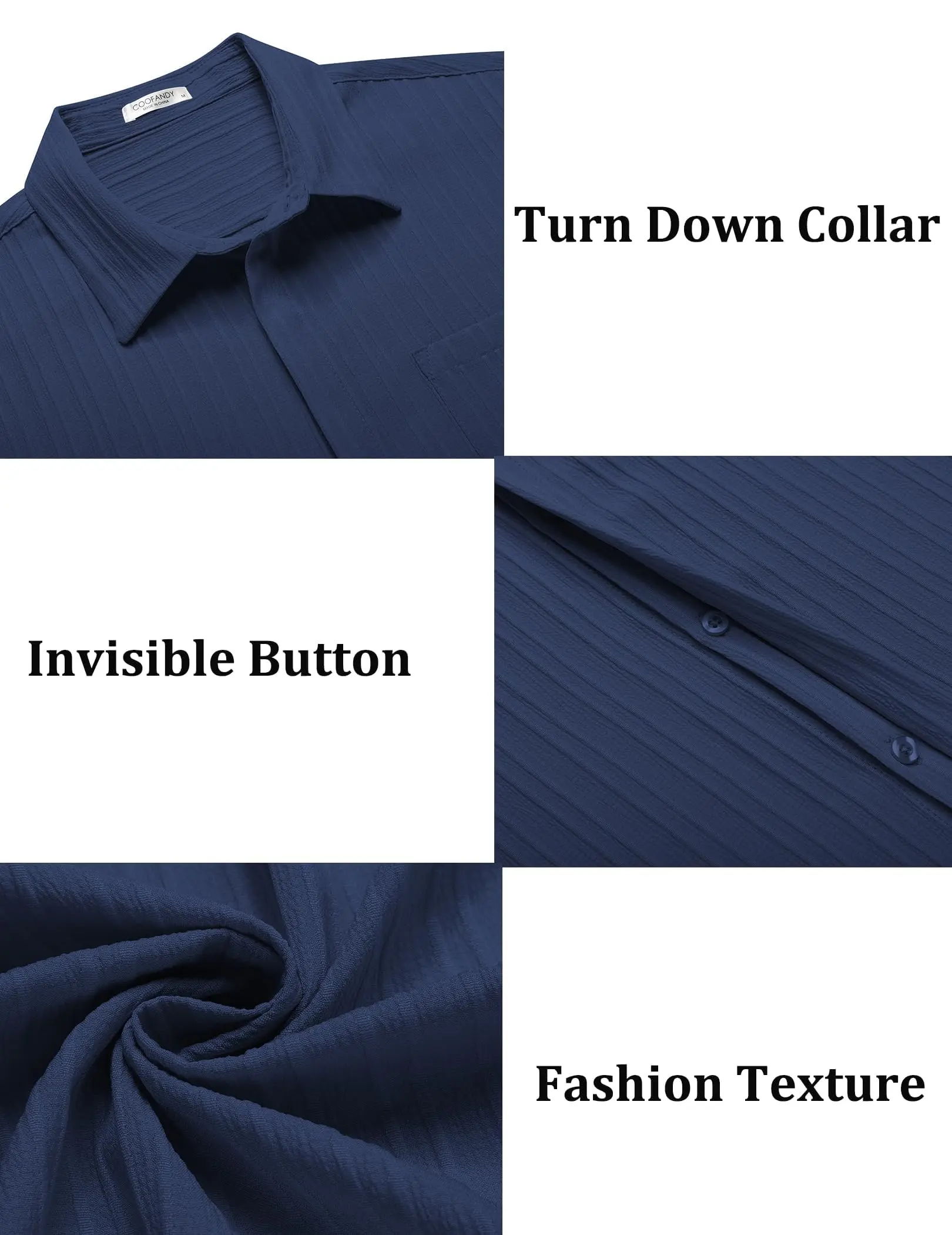 Coofandy Men's Casual Button Down Shirt - Navy Blue Textured Short Sleeve Fitted Collared Neck Summer Beach Top for Men - Canvas