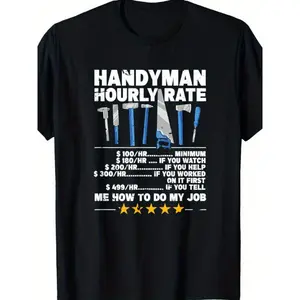 Men's Funny Handyman Hourly Rate Graphic T-Shirt - Black, Casual Short-Sleeve Round-Neck Tee with Tool Design, Loose-Fit All-Season Top for Construction Workers, Durable Wear Tshirt graphic tee men's t shirts funny graphic tee
