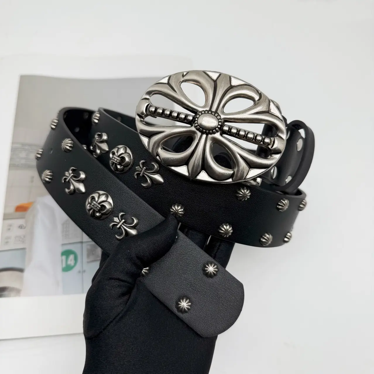 Vintage Black Cross Buckle Belt – PU Leather Unisex Gothic Waist Belt with Colorful Cross Accents, Adjustable Casual Fashion Belt