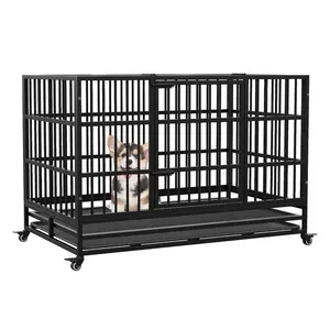 48.5 Inches Folding Dog Crate with Wheels, Large Heavy Duty Metal Dog Kennel with Double Door and Removable Tray,for Small, Medium and Large Breed