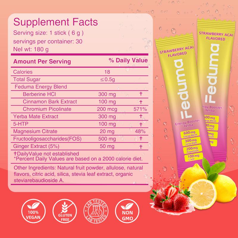 Feduma Happy Cleaner Drink Mix  -  Berberine, Chromium, 5-HTP, Yerba Mate & Magnesium , Strawberry Acai Flavor,30 Servings