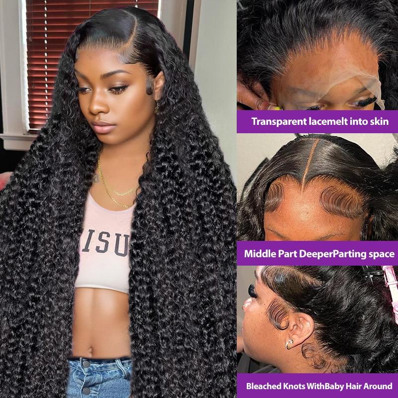 13x4 Kinky Curly Frontal Wig Transparent Lace Wig 180% Density 30 32 34 Inch Extra Long Curly Human Hair For Black Woman Pre-Plucked Curly Human Hair Wig Adjustable Straps Ready to Style