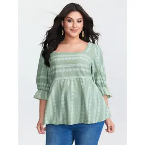 【Summer Turn-Up】【Neck-Lengthening】BlOOMCHIC Plus Size Boho Stripe Print Square Neck Blouse [M-6X] 2026 Summer Pick for Mother's Day,summervibes