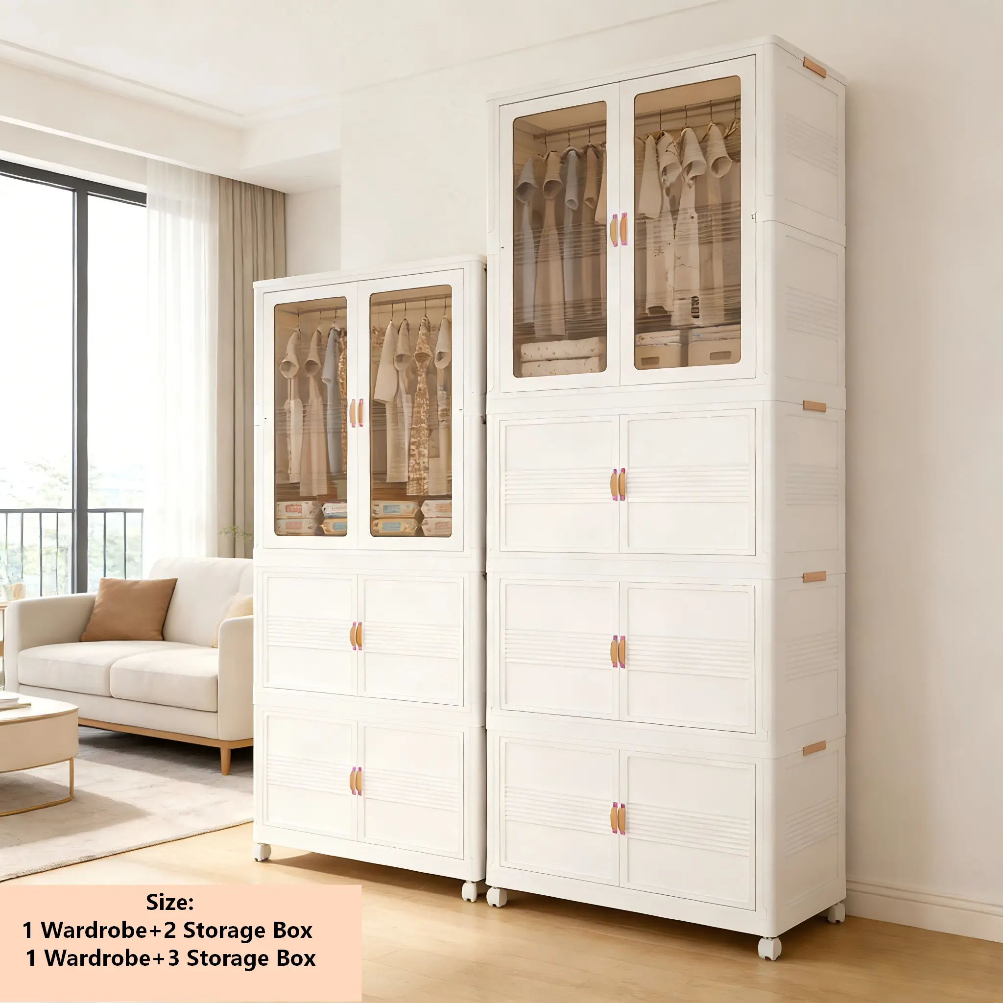 Plastic Rectangular Compact Wheeled Wardrobe Organizer - Foldable, Stackable, Door-Equipped, Portable Wardrobe Closet, Multi-Functional, Flexible Plastic Open Storage Bin for Bedrooms, Dormitories, Multi Functional Wardrobe