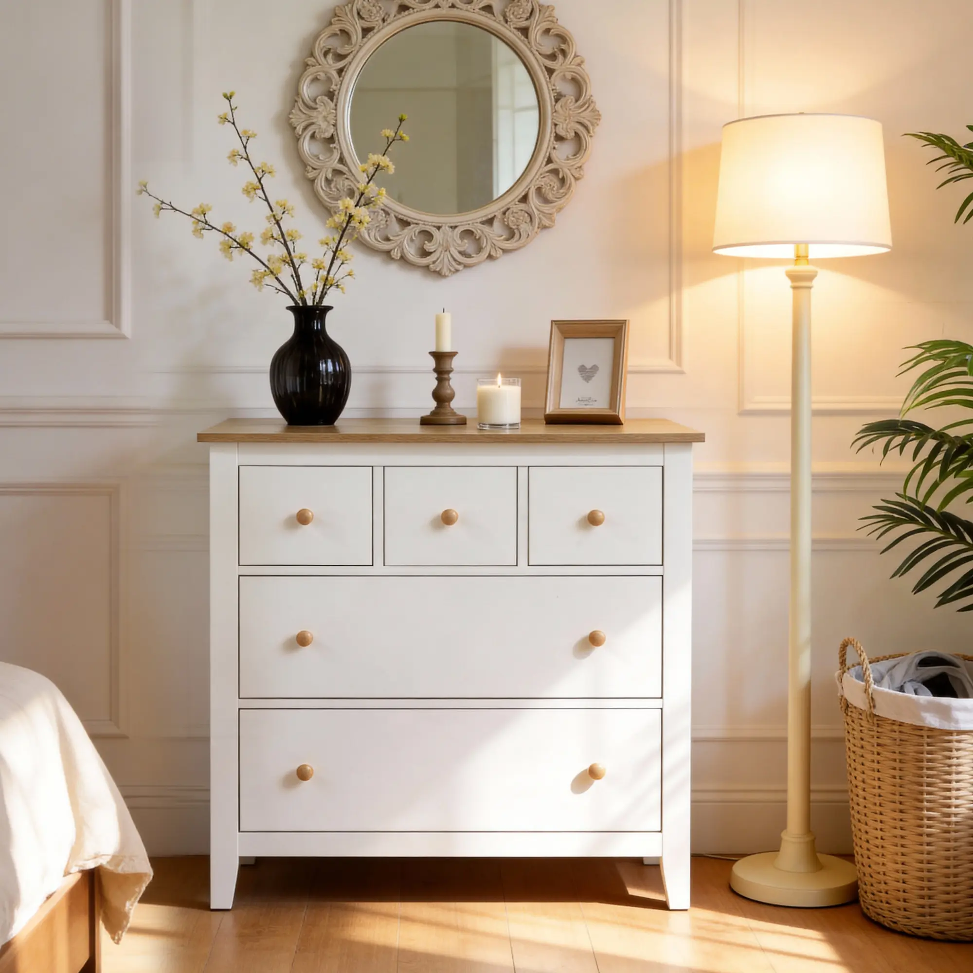 RoyalCraft Large Nightstand with 5 Drawers, Modern Wood Bedside Table with Solid Wood Knobs, Accent Side Table for Bedroom, Living Room, Hallway, White