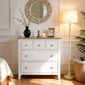 RoyalCraft Large Nightstand with 5 Drawers, Modern Wood Bedside Table with Solid Wood Knobs, Accent Side Table for Bedroom, Living Room, Hallway, White