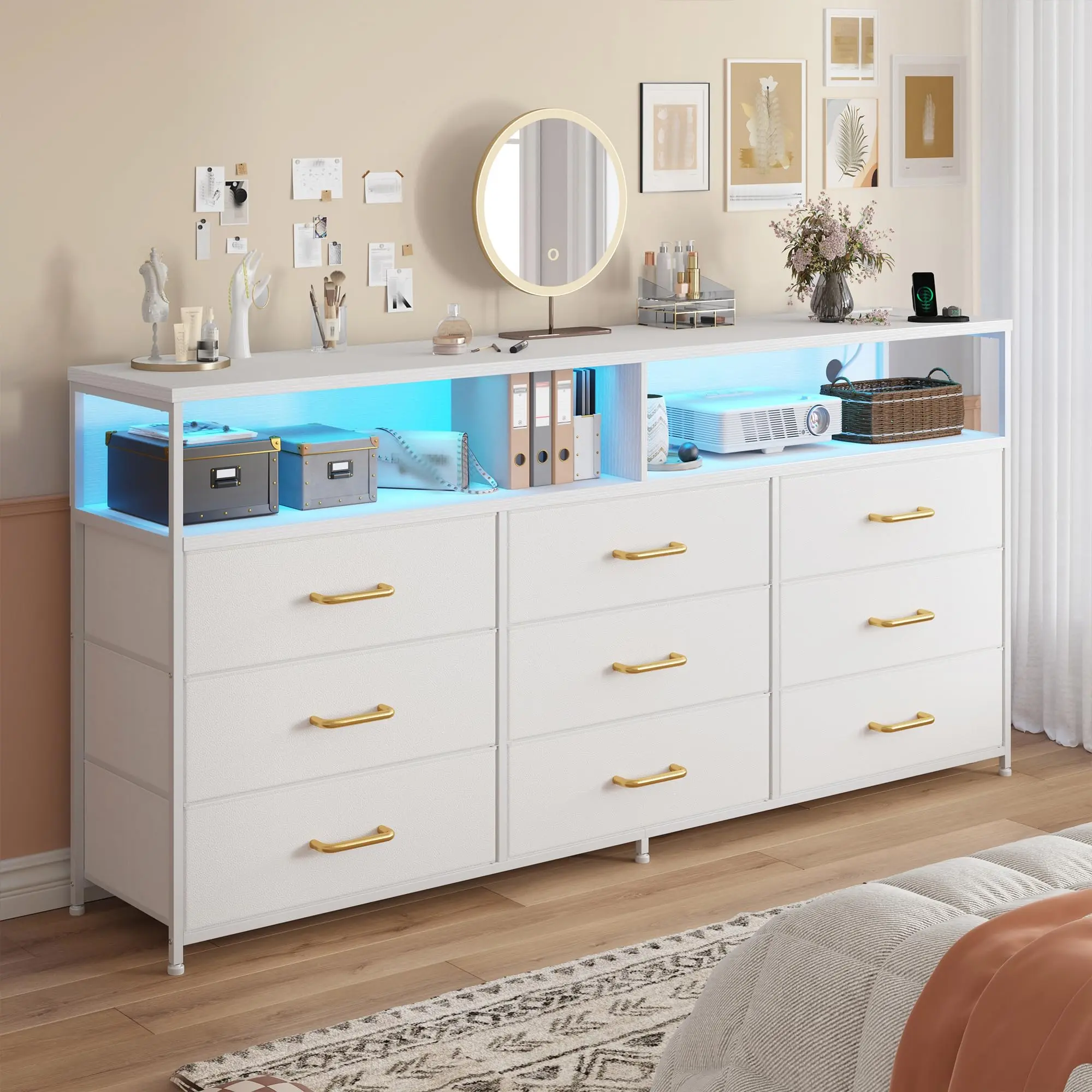 【Small Space Storage】Raybee 65'' TV Stand, 9~18 Fabric Drawers Dresser for Bedroom with Power Outlets, Closet Storage Orgaizer Unit, Sturdy Frame Dressers for Living Room,Easy assembly, Easily Take Apart & Put Back, Serial Movers Picks, #Storage Solution