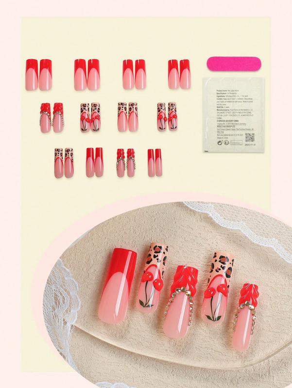 24-Piece 3D French Manicure False Nail Set with Leopard Print, Red Bows & Rhinestone Designs