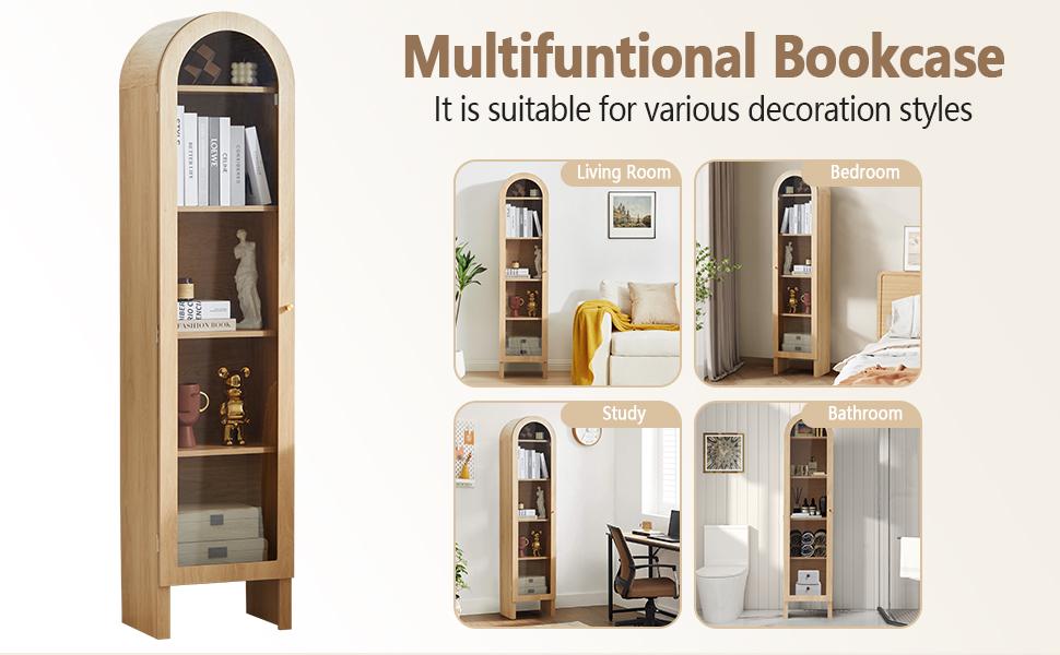 【New Upgrade】Giratree 66.93" H Arched Bookcase, 5-Tier Arched Cabinet Bookcase with Adjustable Shelves, Acrylic Glass Cabinet Door for Living Room, Reading Room and Bedroom