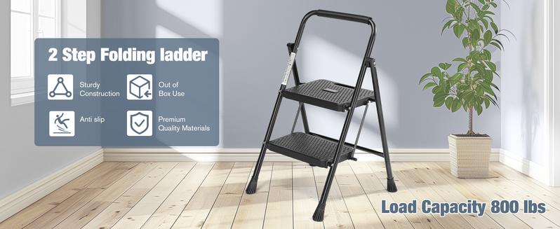 2 / 3 Step Ladder, Folding Step Stool with Wide Anti-Slip Pedal, 800lbs Sturdy Portable Ladder, Cushioned Handle, Lightweight
