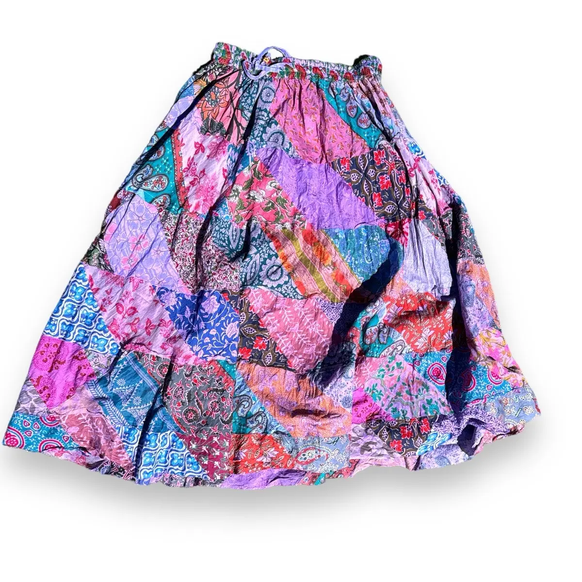 PATCHWORK SKIRT Cotton Hippie Bohemian Colorful Festival Elastic Drawstring Womenswear