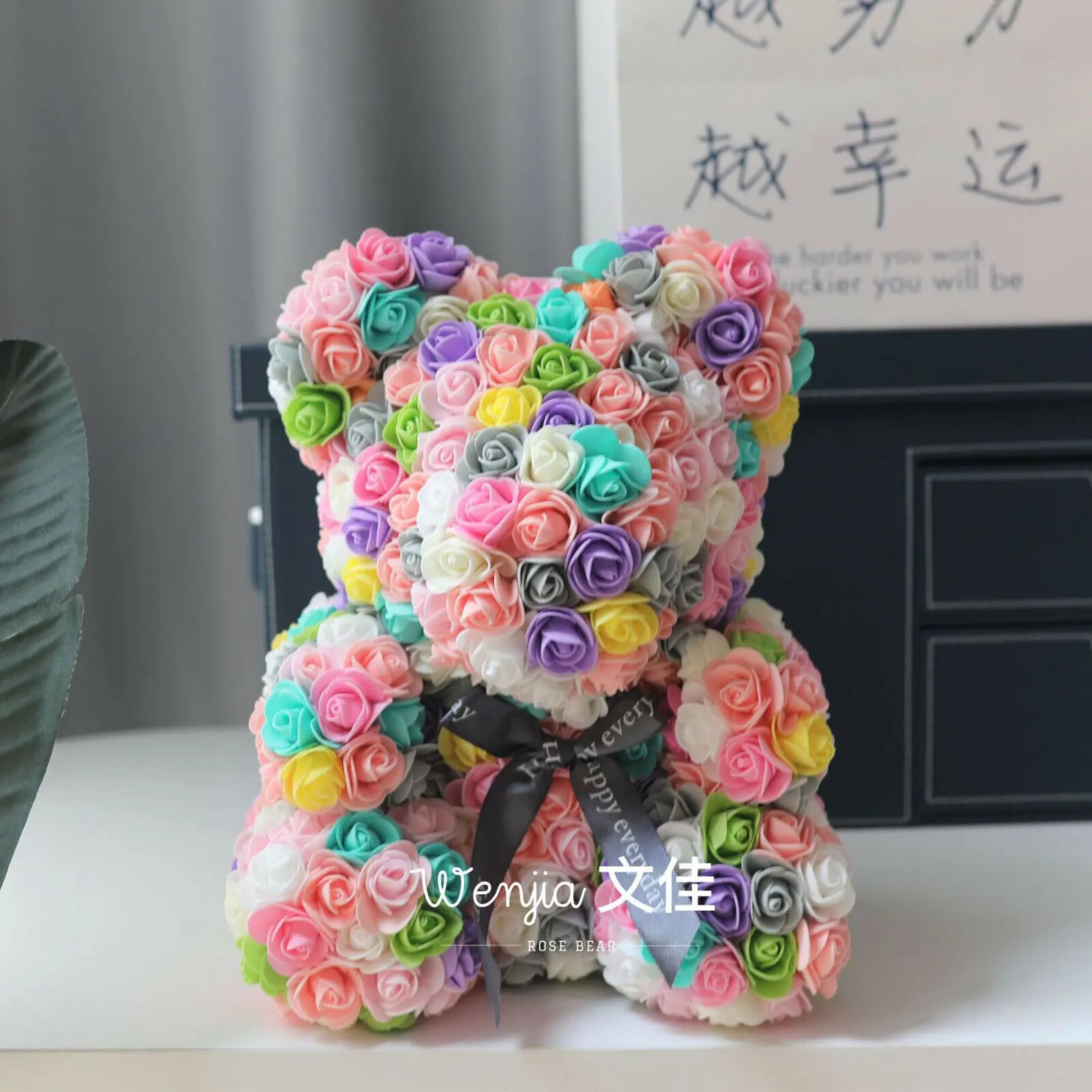 10" Artificial Rose Teddy Bear Birthday Valentine's Day Gift for Girlfriend Wife Rainbow Pack Wedding