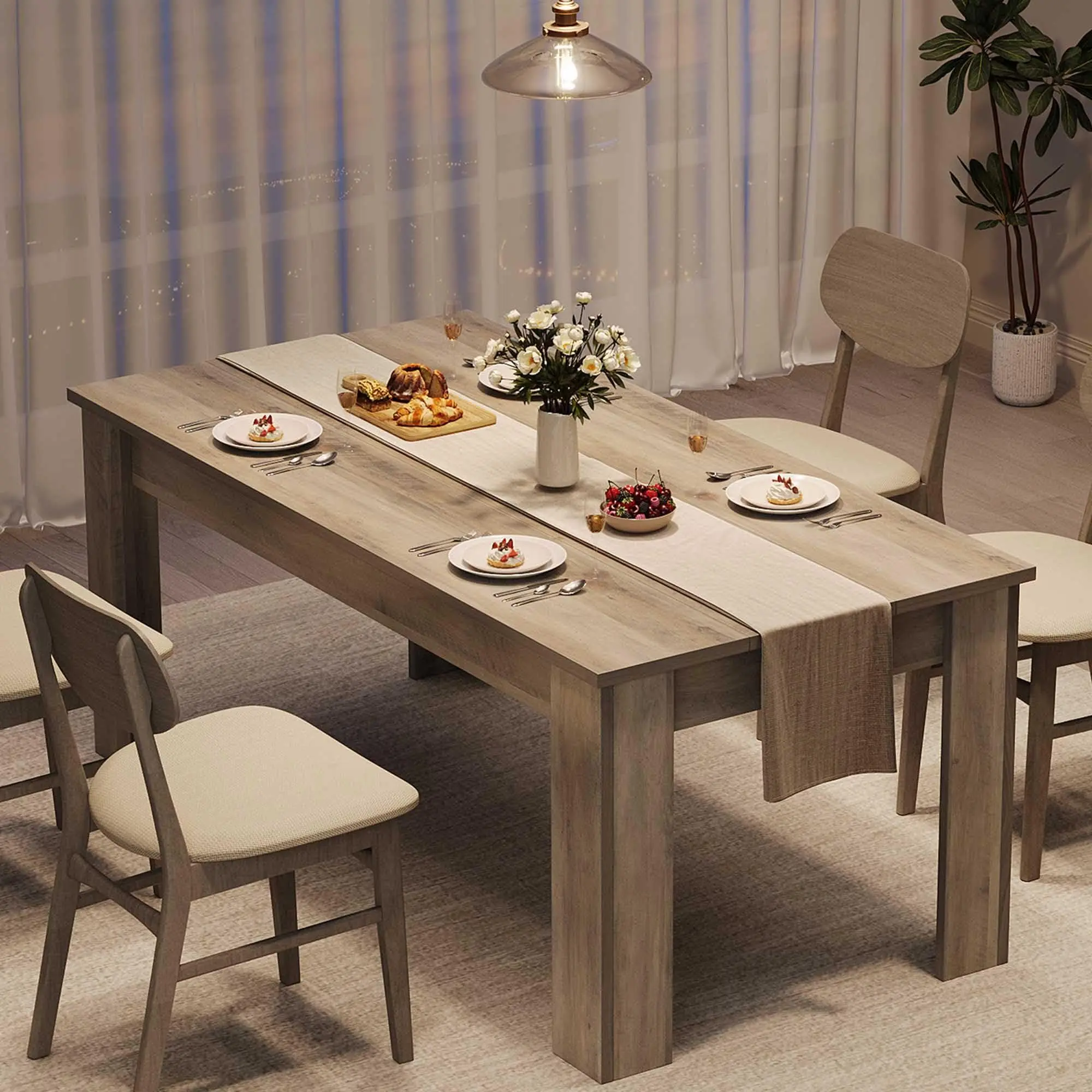 Rustic Gray 63" Dining Table for 4-6, Farmhouse Style, Space-Saving Rectangular Kitchen Table, Durable Wood, Ideal for Small Spaces & Apartments