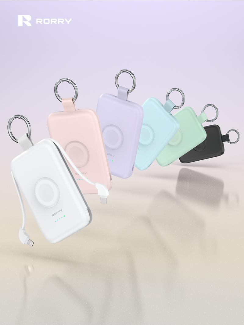 RORRY Portable Charger 10000mAh PD 20W Fast Charging Multifunctional Power Bank with Built-in Cables for Apple Watch & iPhone Compact Keychain Design Gift Idea Valentinesdaygift