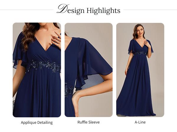 Ever-Pretty 2026 Valentine dress Elegant Spring  Dress ,Chiffon Maxi Gown with Deep V-Neck, Flutter Sleeves and Embroidery for Fall Wedding Guest dress Ruffles Sleeve A-Line Chiffon Waist Applique ,Maxi Formal Evening Dress 01960