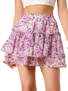 INSPIRE CHIC Floral Print Elastic High Waist Layer Ruffle A-Line Mini Short Skirt Pink Purple
