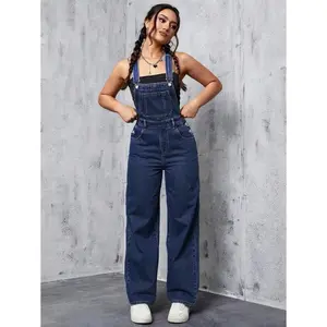 Patched Pocket Denim Overalls Without Tank Top Fabric Fit