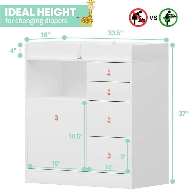 FUFU&GAGA Modern Nursery Dresser Chest with 5 Drawers, 2 Open Shelves & Guard Table Top, Wood Dresser Storage Chest of Drawers
