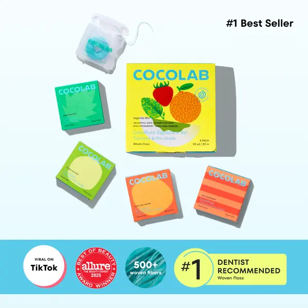 COCOLAB Happiness 4-Piece Set — 4pc Woven Dental Floss with Coconut Oil, Dentist-Designed Eco-Friendly Oral Care to Remove Plaque – 4 Waxed Floss Spools (33 yd, 2 month supply each)
