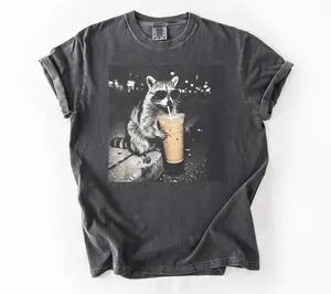 Comfort Colors® Retro Raccoon Drinking Iced Coffee Shirt | Funny Animal Meme Tee | Coffee Lover Raccoon Shirt | Unisex Graphic T Shirt