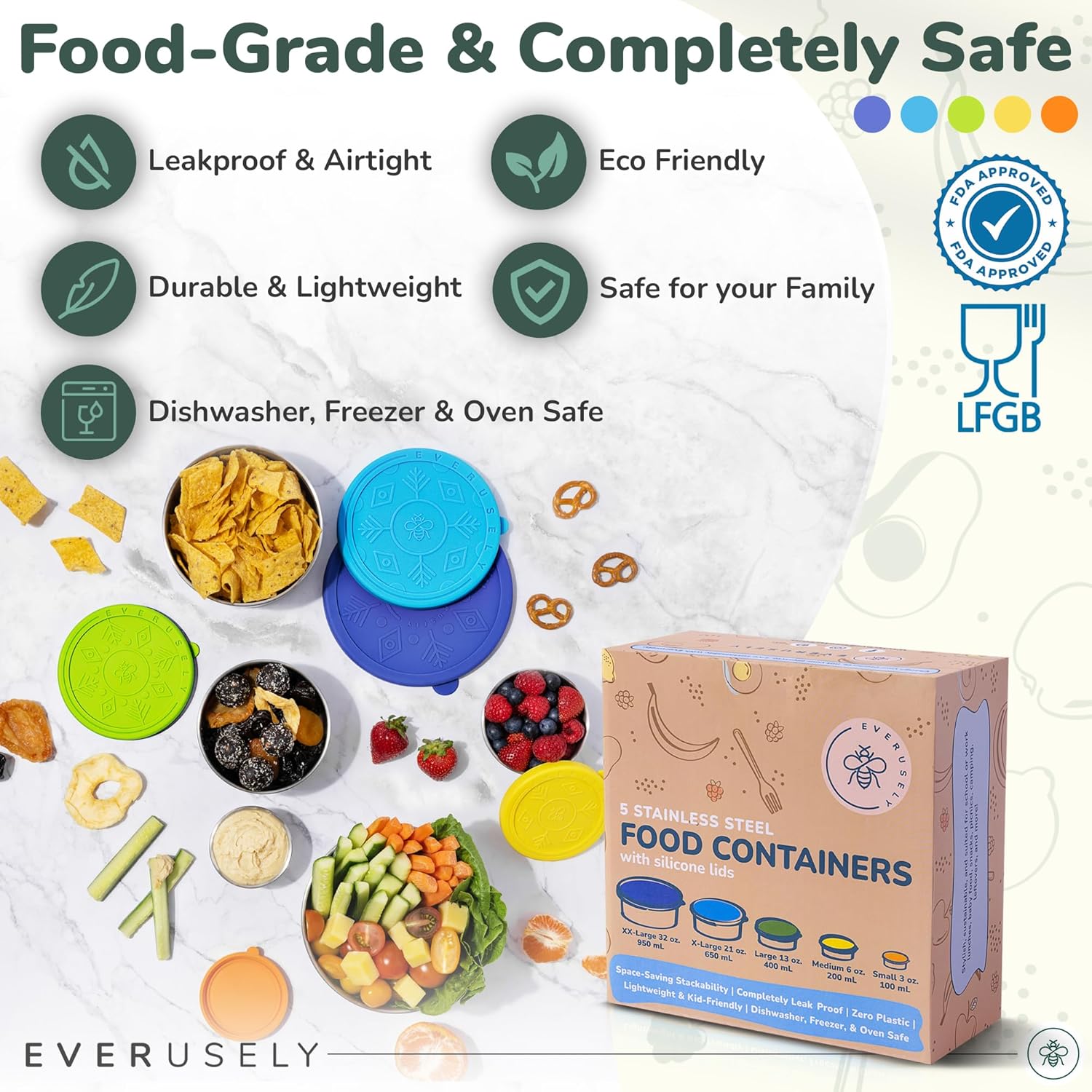 Everusely Stainless Steel Food Containers with Silicone Lids Set of 5 Leakproof Reusable Lunch & Snack Boxes for Kids & Adults 304 Food-Grade Steel & Airtight Seal Ideal for Meal Prep & Travel Everusely Stainless Steel Food Containers with Silicone Lids Set of 5 Leakproof Reusable Lunch & Snack Boxes for Kids & Adults 304 Food-Grade Steel & Airtight Seal Ideal for Meal Prep & Travel