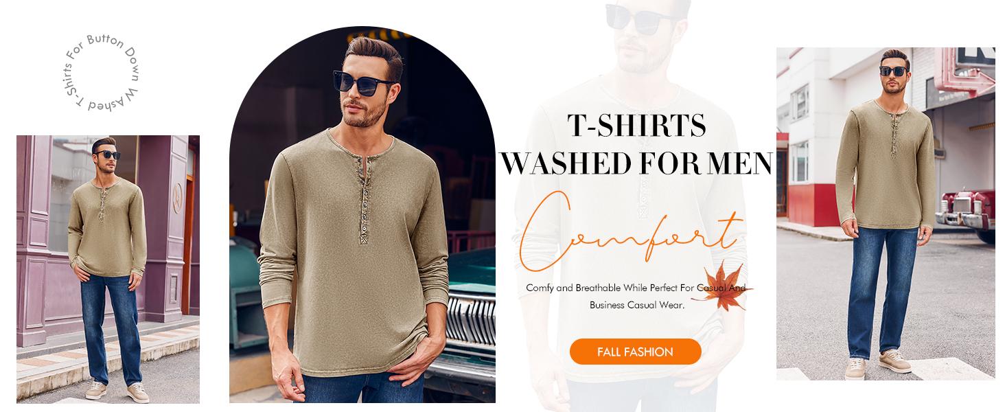 PASLTER Mens Distressed Henley Shirts Retro Long Sleeve Tee Shirts Casual Button Down Washed T-Shirts for Men