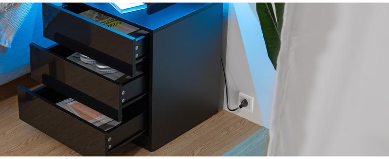 HOMMPA Black Nightstand with Wireless Charging Station High Gloss 3 Drawers Bedside Table USB Type C Charging RGB LED Lights Organizer for Bedroom Modern Design
