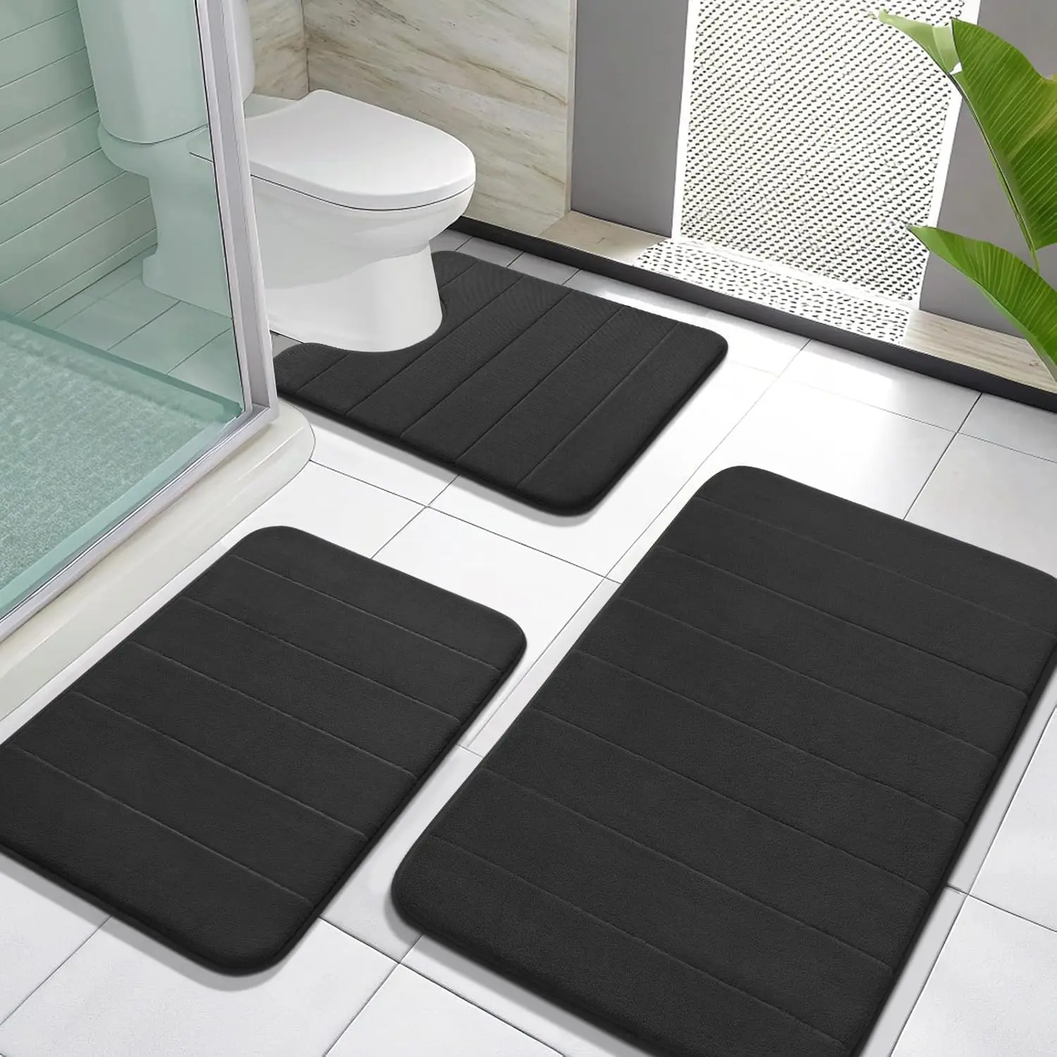 3 Piece Luxury Memory Foam Bath Mat Set, Super Soft Absorbent Quick Dry Bathroom Rugs, Non Slip Machine Washable Floor Carpet for Bathtub, Shower, Vanity & Toilet Base