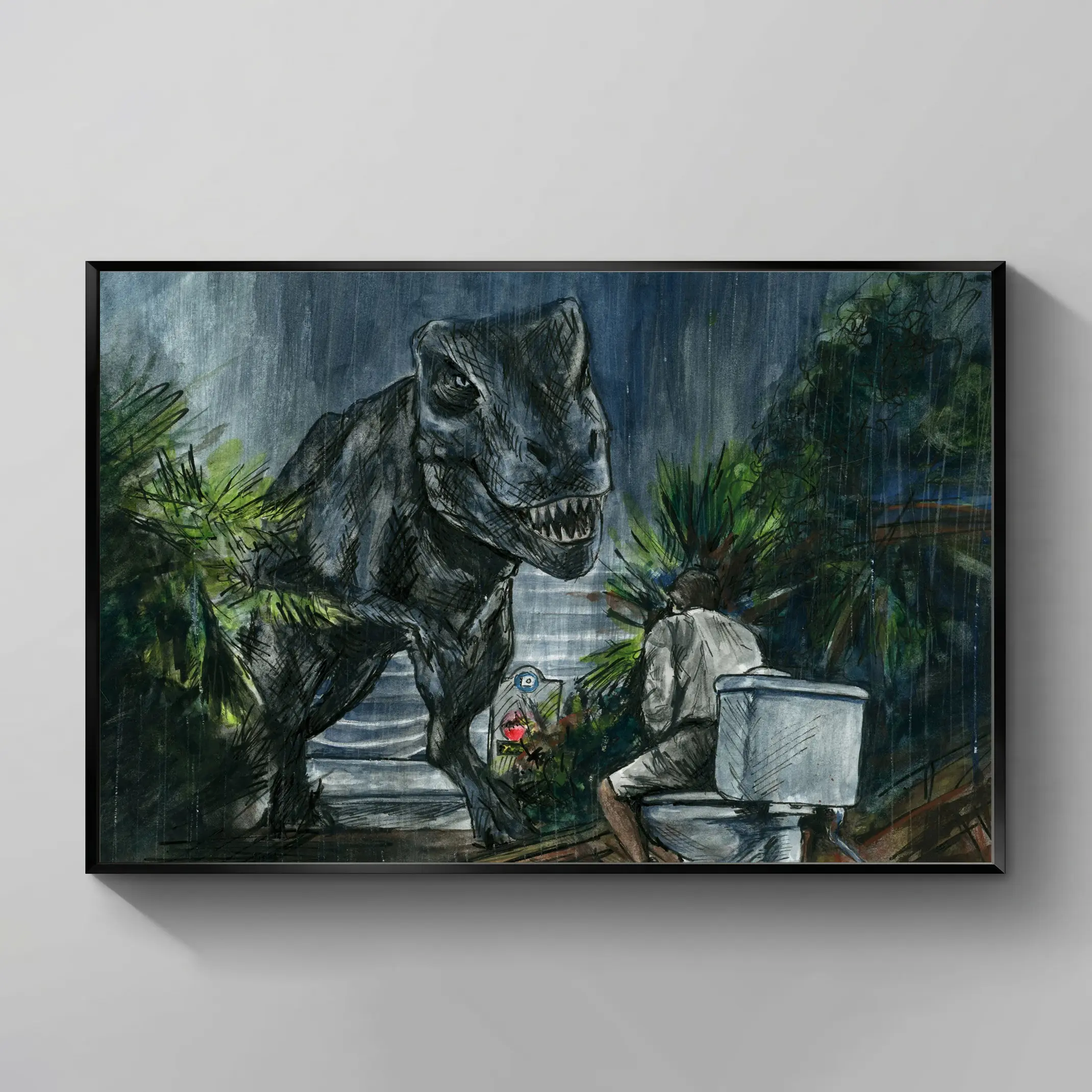 Jurassic Park Tyrannosaurus Rex Toilet Scene Artistic Animal Print Poster - Hangable Wall Artwork for Walls, Funny Decor, Dinosaur Lovers' Home Decor Bathroom Office Decoration, Room Accessories